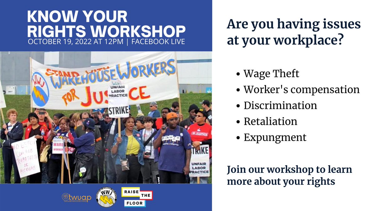 Are you having any issues in the workplace? You’re not alone. Tune in on Facebook Live this Wednesday at noon to join us, <a href="/TWUAPChicago/">TWUAP CHICAGO</a>, and <a href="/RaiseTheFloor/">Raise The Floor Alliance</a> for a Know Your Rights Workshop to learn more about your rights.

RSVP Here:
fb.me/e/20ARSa9DV