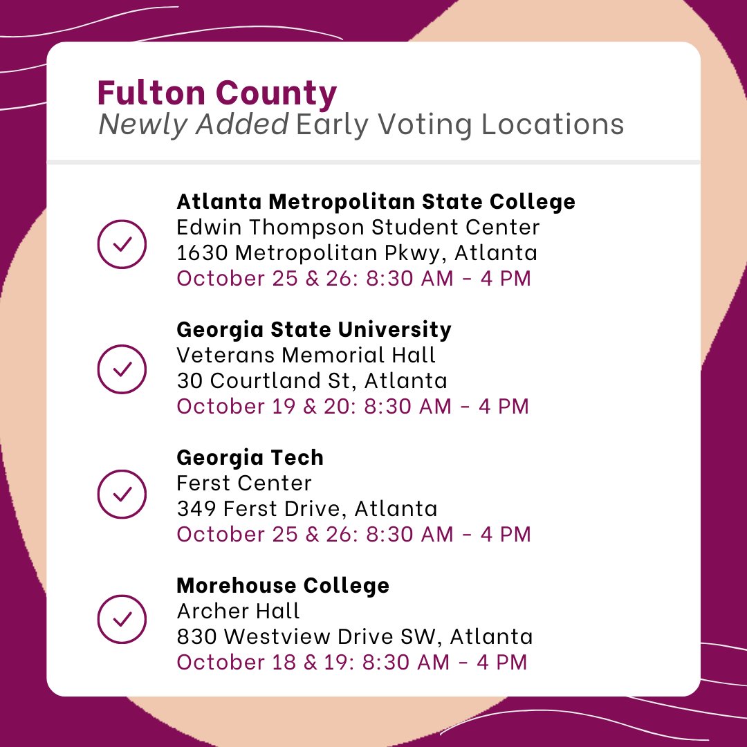 AsianAAF's tweet photo. FULTON COUNTY, there are newly added Early Voting locations on university campuses. Early Voting is available until November 4!
#AllEyesOnGeorgia #GeorgiaElections #GeorgiaVoting #VotingSzn #GeneralElections https://t.co/t8aVSqVWiD