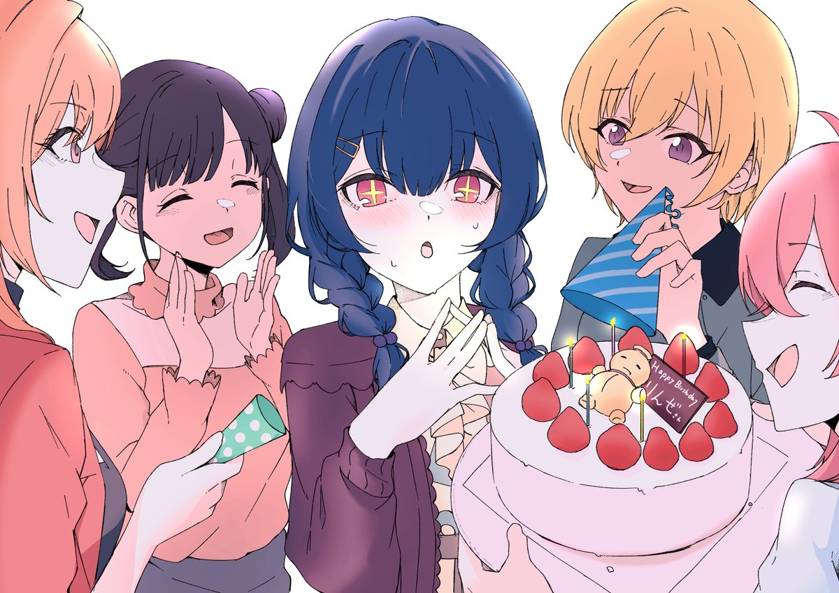 morino rinze ,saijo juri ,sonoda chiyoko multiple girls birthday cake 5girls food cake blonde hair closed eyes  illustration images