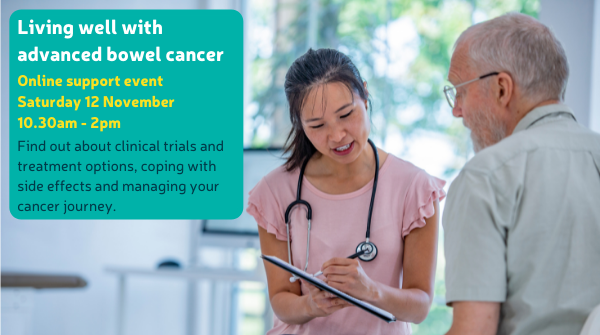 bowelcanceruk's tweet photo. Our online support event ‘Living well with advanced bowel cancer is taking place on Saturday 12 November, 10.30am-2pm, on Zoom. 

It’s delivered by professionals who’ll cover different types of surgery, coping with the side effects of treatment and more: https://t.co/Fc25KJqnQc https://t.co/1cW8GkIrxA