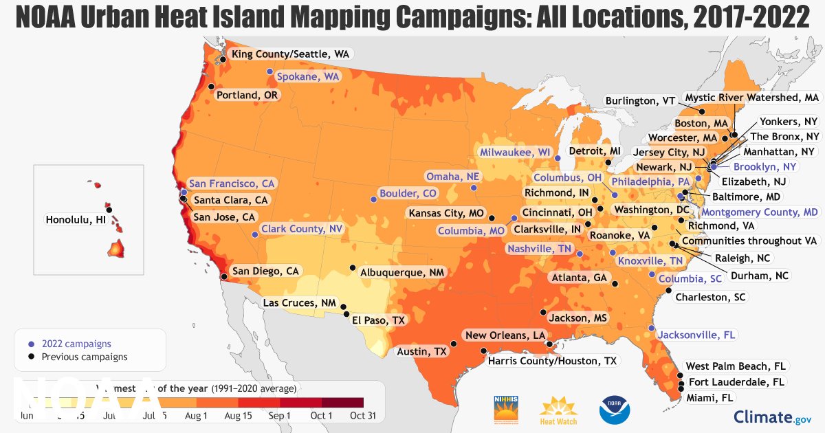 NOAA is seeking applicants for the 2023 Urban Heat Island initiative! Find out how the program supports citizen science to map & protect the hottest areas where those most affected by high temps live. noaa.gov/news-release/n… #Heat #CitizenScience @HeatGov @NOAAResearch