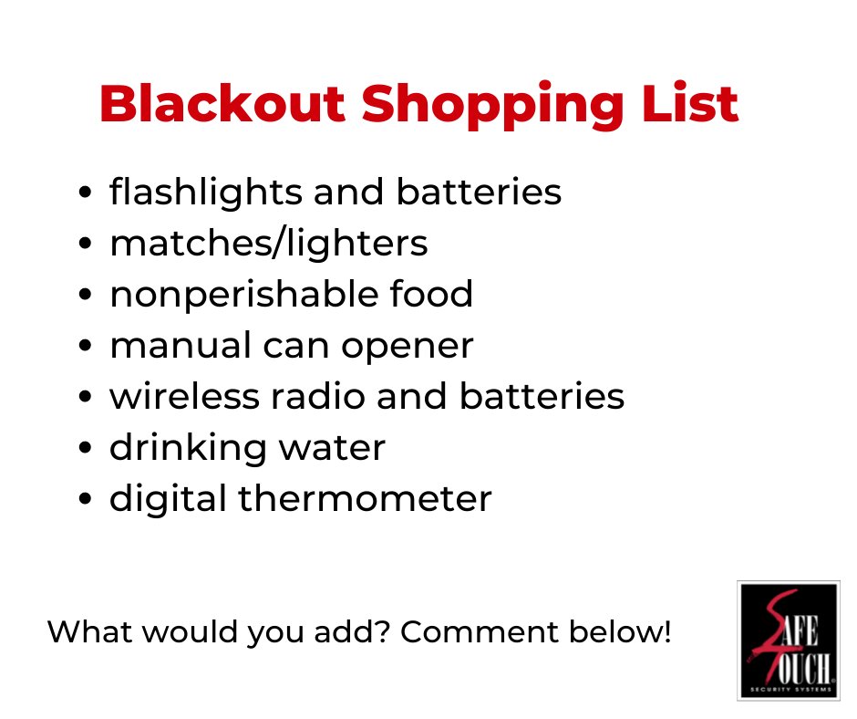 Safe_Touch's tweet image. Help us prepare for an emergency blackout! What do you make sure to have on hand? 

#SafeTouchSecurity #EmergencyKit #BlackoutKit