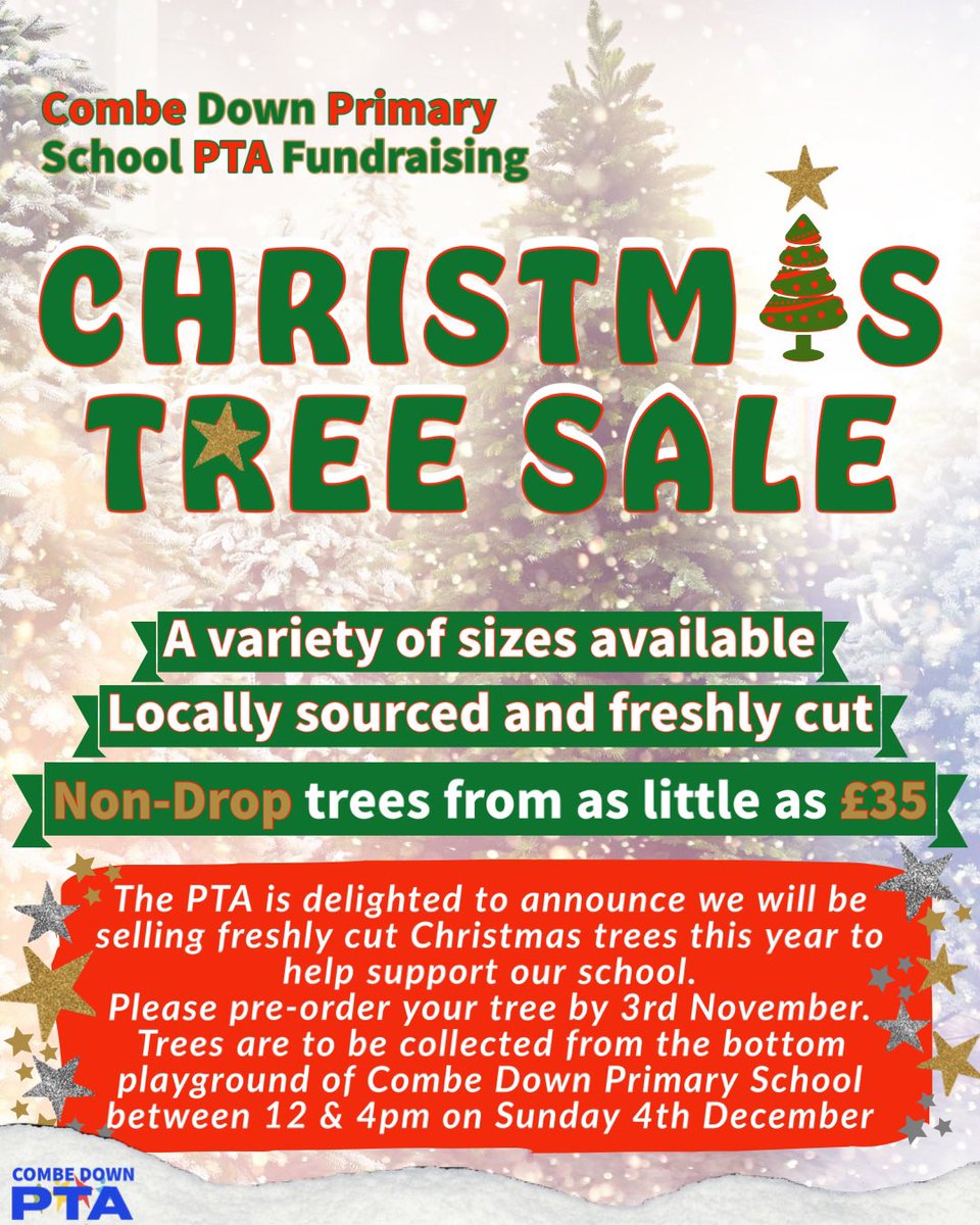 CombeDownPTA's tweet photo. Baubles at the ready…
It’s the first ever Combe Down Primary School Christmas Tree Sale!🎄🎄🎄🎄

The PTA is delighted to be able to offer freshly cut and pot grown Christmas Trees. To buy yours click on the link…
https://t.co/fH5HwgSFup https://t.co/MpTeO1Wvya