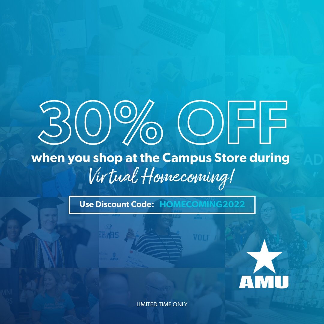 AmericanMilU's tweet photo. Show off your school spirit during #VirtualHomecoming week by shopping our campus store and enjoy 30% off when you use promo code HOMECOMING2022 -- shop now: https://t.co/BCp6rvvzKv
#AMUstudent #AMU4Life #AMUPride #AMUComeTogether https://t.co/3yZnwjWPVB