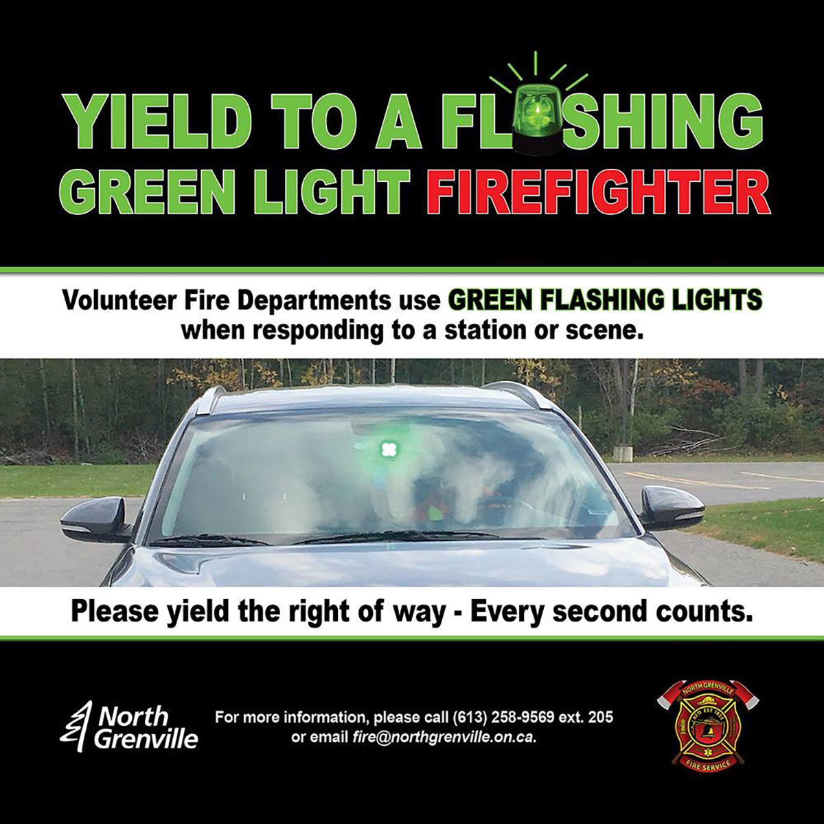 NG_FireService's tweet photo. 🟩 #NorthGrenville is served by 40 volunteer firefighters. Through the Green Light program, they are equipped with green flashing lights for their personal vehicles. 

When you see a green light flashing please yield the road to them - #EverySecondCounts

https://t.co/bZZSAm97l8 https://t.co/zKPMe5Rw8T