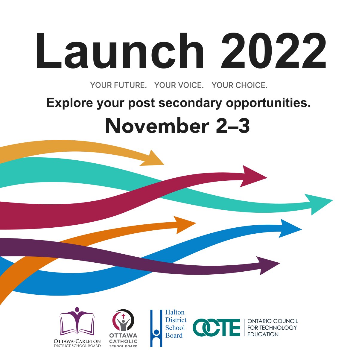 OCDSB Students: Are you currently in Grade 11 or 12? Join us November 2-3 for Launch 2022, the third annual post-secondary pathway exploration virtual conference! This is a great opportunity for students to explore post-secondary pathways. Learn more: ow.ly/r7YY50Leg1B