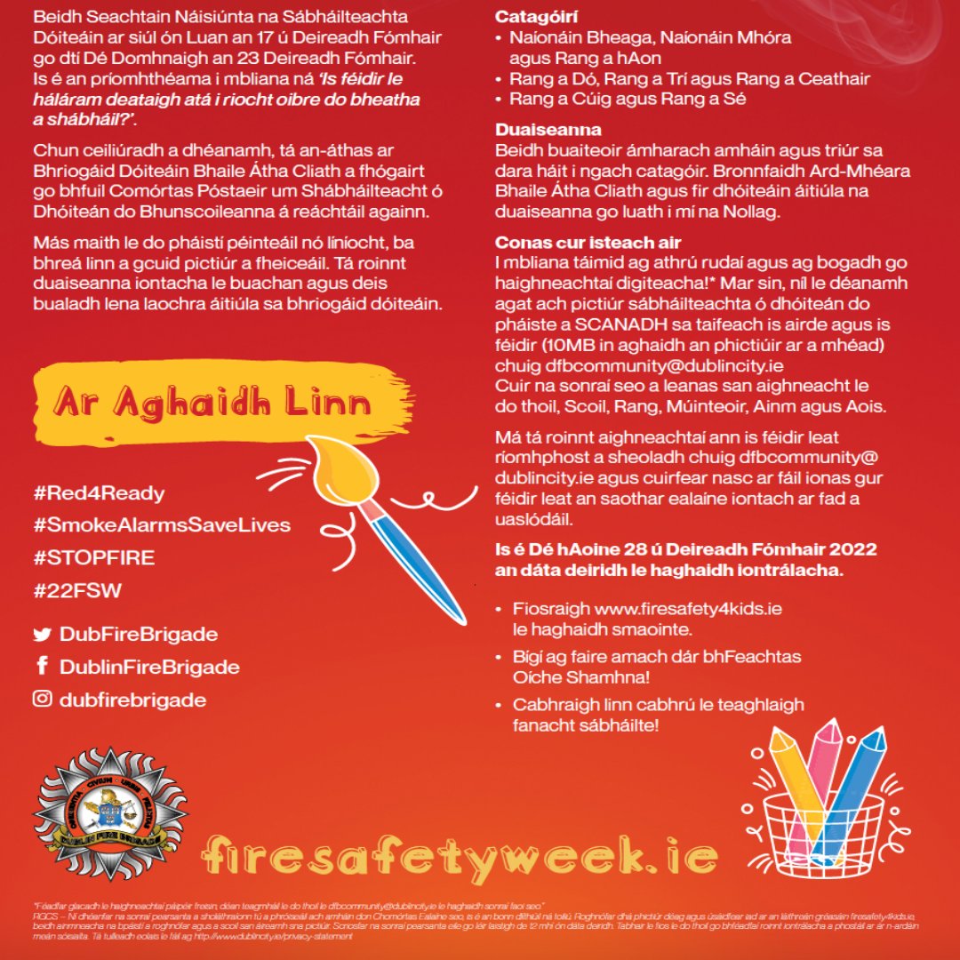 DubFireBrigade's tweet photo. As part of #22FSW we have a poster competition for primary school aged children.
Why not get your younger ones involved? Even better get their whole class involved!
For details https://t.co/dl8qOO0E0E
#Red4ready https://t.co/oPzZGmxoER