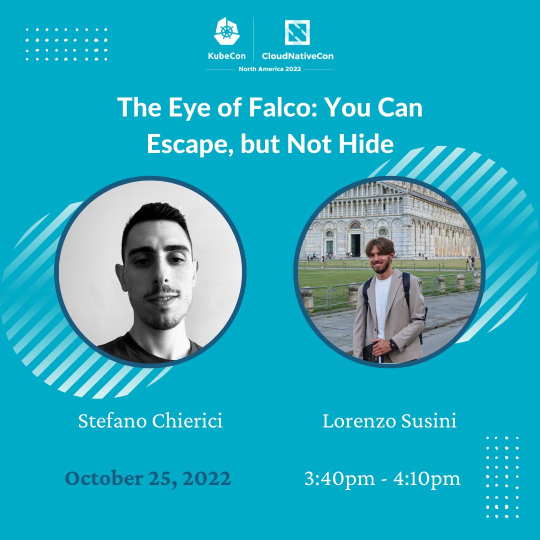 Are you attending <a href="/KubeCon_/">Kubecon_</a> NA '22? The Falco community is presenting, "The eye of Falco: you can escape but not hide." Join <a href="/loresuso/">Lorenzo Susini</a> &amp; <a href="/darryk10/">darryk10</a> at #CNSCON Oct. 25 to learn more. Register here: sched.co/1AOkR  #opensource