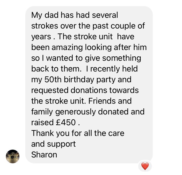 StrokeUlht's tweet photo. Amazing feedback from a relatives family and a very generous donation to the Stroke Unit 🌟 
Thank you to David, Sharon and Family 💕
And a big well done to the stroke team! https://t.co/1ijPicp9Xq
