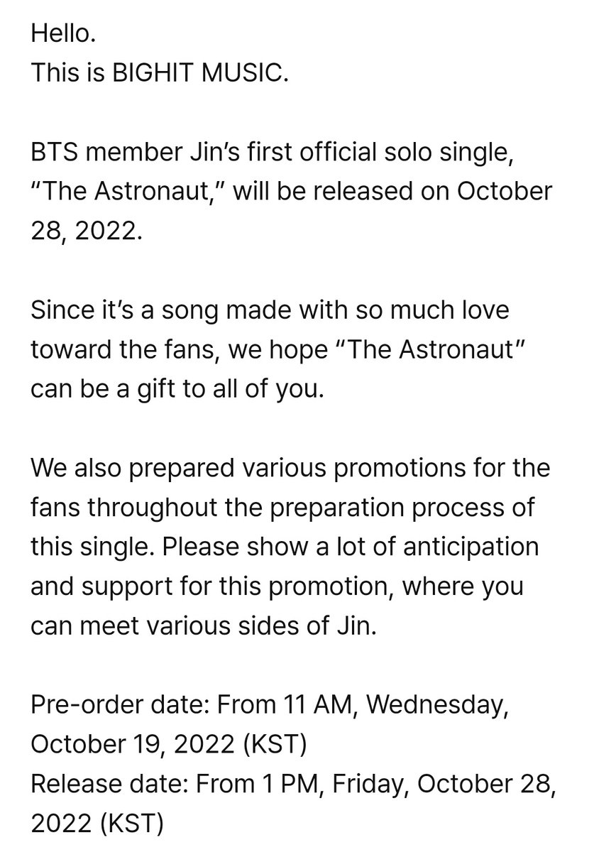 btschartsxdaily's tweet photo. [NEWS] JIN's First Official Solo Single 'The Astronaut' coming OCTOBER 28TH AT 1PM KST (12am EST)

— Pre-order: October 19 at 11AM KST https://t.co/Z2N61uimK1