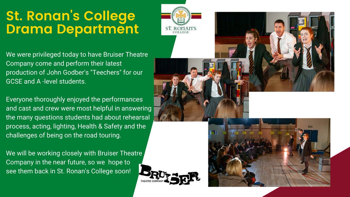 Our GCSE &amp; A-Level students enjoyed <a href="/BruiserNI/">Bruiser Theatre Company</a> performance of "Teechers" today. Great to experience Live professional theatre on school site.