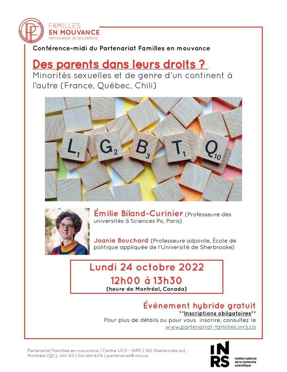 🎉📅 Événement | Le Partenariat de recherche Familles en mouvance vous convie à sa première conférence-midi de la session. L'événement se tiendra le 24 octobre, de 12h à 13h30 (heure de Montréal). Pour plus d'informations 👉 partenariat-familles.inrs.ca/?p=26780