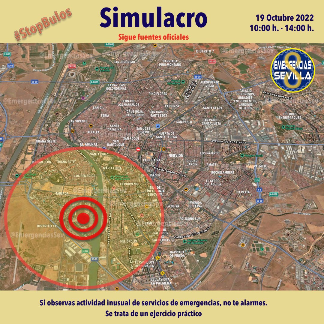 EmergenciasSev's tweet photo. 🟥Mañana #19Oct 10:00 h. 14:00 h. aprox.
Los servicios de emergencias de #Sevilla participamos en un #simulacro
Si observas actividad inusual de @PoliciaSevilla #Bomberos #ProtecciónCivil y otros servicios, NO TE ALARMES, se trata de un ejercicio práctico.
Sigue fuentes oficiales https://t.co/0VSOrWpuxL