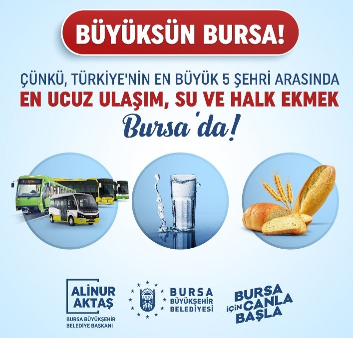 Ak Parti'li Belediyeler çalışıyor ve halka hizmet ediyor.

Türkiye'nin en büyük 5 şehri arasında 
En ucuz ulaşım 
En ucuz su ve
En ucuz halk ekmek 
BURSA'DA 

#Erdoğan 
Büyüksün Bursa