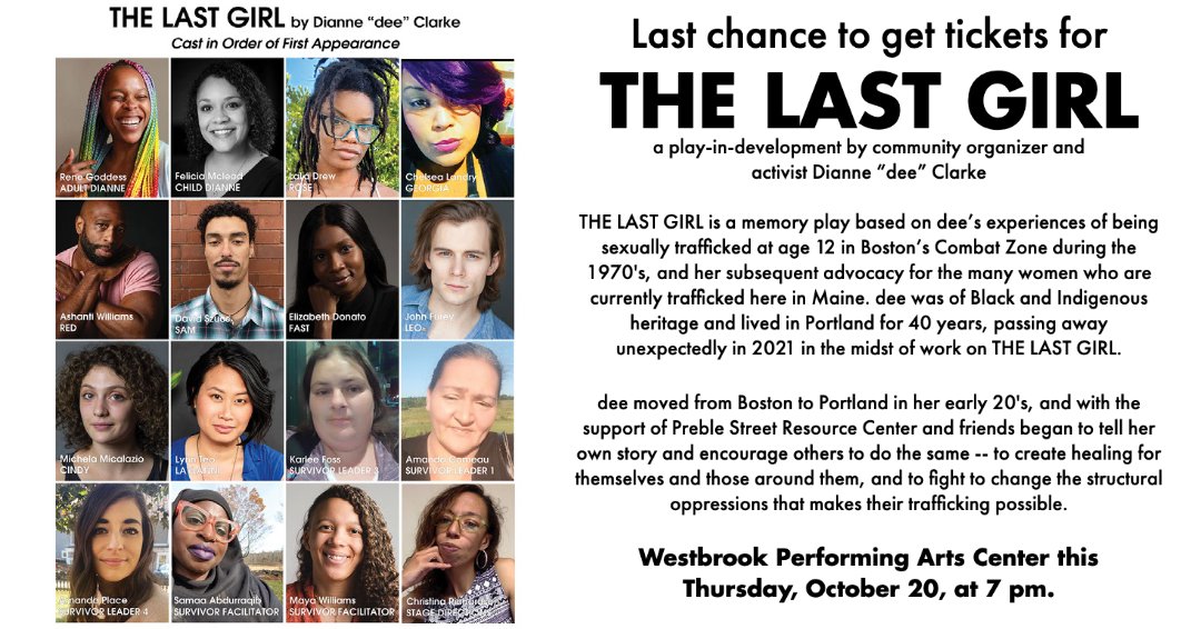 Get your tickets to THE LAST GIRL by Dianne "dee" Clarke while you still can! portlandovations.org/event/the-last… #MaineHumanities #Maine #SurvivorSpeaksUSA #Survivors