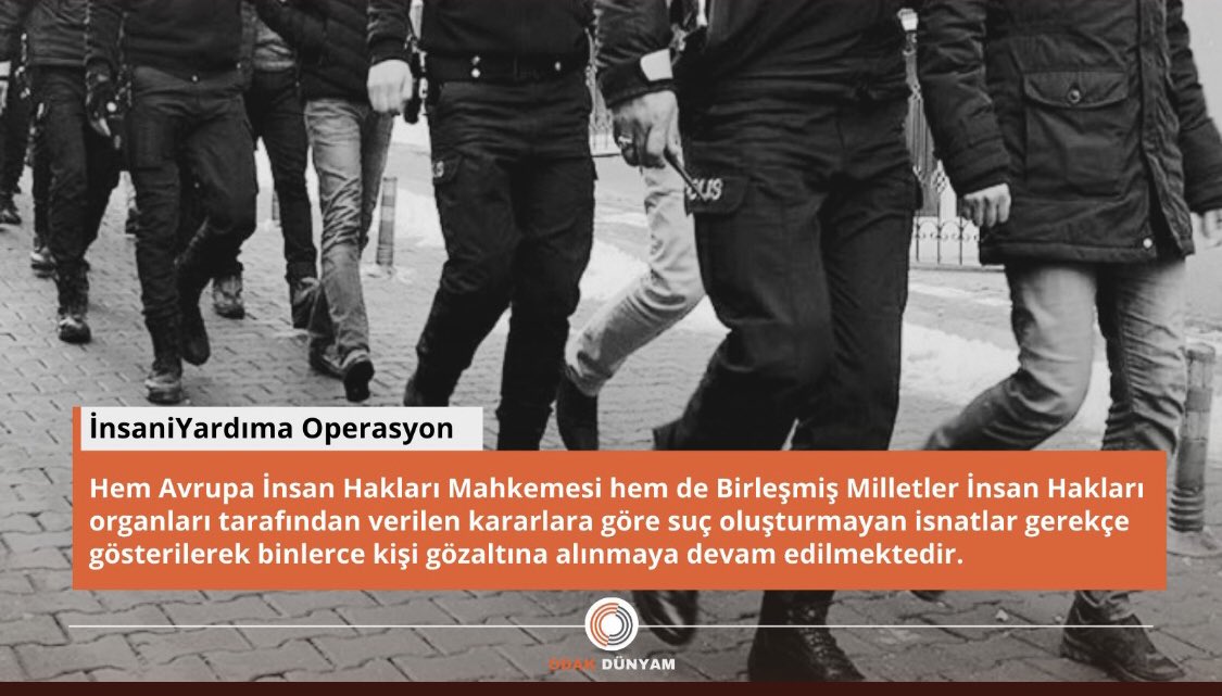 I Turkiet genomfördes en insats mot 704 personers hem av polisen i morse.  Och 543 personer greps.  

Anledningen är att de ger humanitär hjälp till människor som är förföljda av regimen och dömda till svält.

İnsaniYardıma Operasyon

<a href="/svtnyheter/">SVT Nyheter</a>