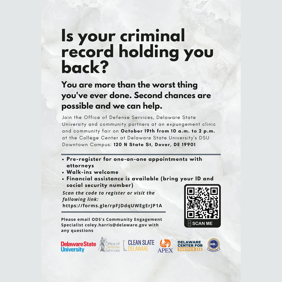 DFFC3's tweet photo. Is your criminal record holding you back?  Expungement Clinic and Community Fair on October 19th from 10 am - 2 pm at the College Center at Delaware State University's Downtown Campus 120 N. State St., Dover, DE 19901 https://t.co/l0X4gsAQc6