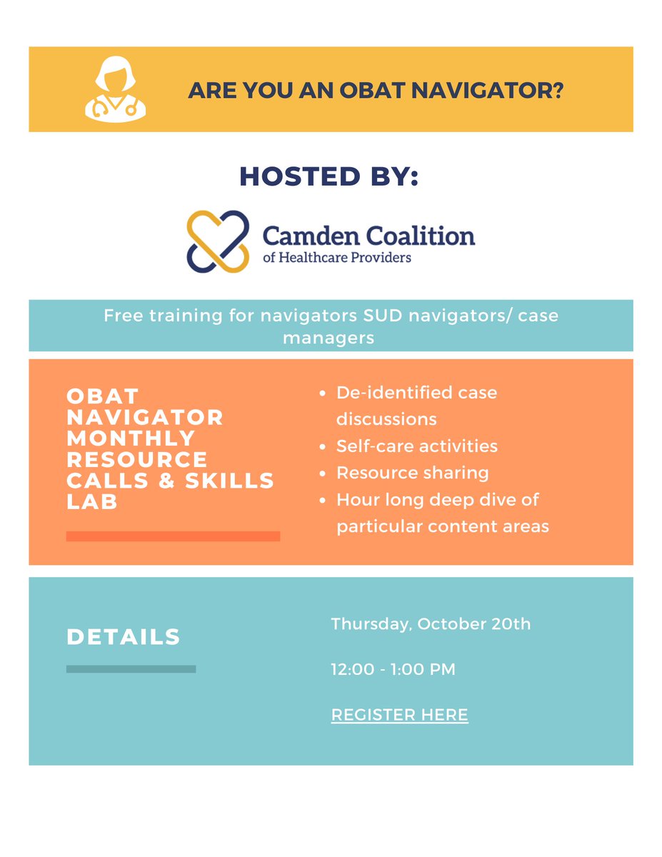 Rutgers_ADM's tweet photo. Don't forget to register for the free training that @camdenhealth offers, #OBAT Navigator Resource Call &amp; Skills Lab, this Thursday at noon! 
@NJDeptofHealth @NJDHS #MATeverywhere #SUD #OUD 

Register here: https://t.co/CqDATsqEG9 https://t.co/kbnrxnVtox