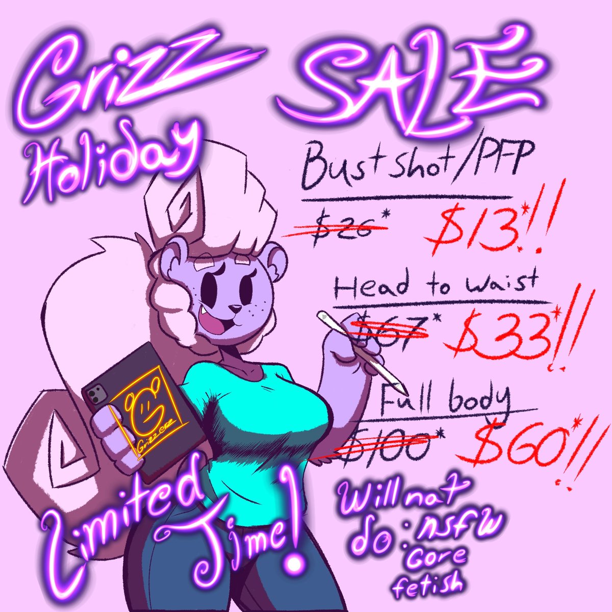 OfficialGrizzer's tweet photo. FOR A LIMITED TIME. ALL DIGITAL COMMISSIONS ARE ON SALE ONLY DURING HOLIDAY SEASONS.
OCs AND FAN ART IS WELCOME.
--
#commissionsopen #comms #commsopen #limitedtime #specialsale #sale #fanartcomms #OCComms #SonicFrontiers #Mario https://t.co/hTuOAi16VU