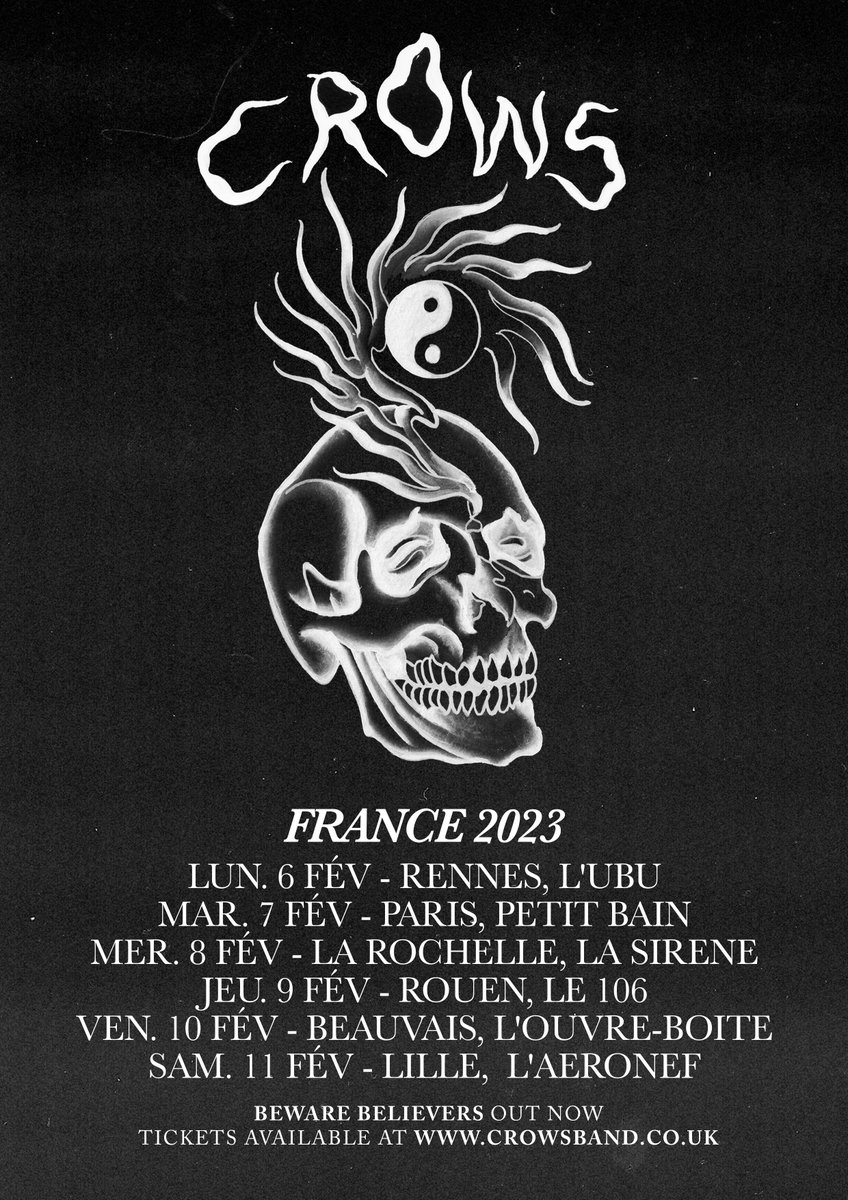 💥@__CROWS en tournée en 2023!💥 06.02 - Rennes, @UbuRennes 07.02 - Paris, @PetitBain 08.02 - La Rochelle, La Sirène @lasirene17 09.02 - Rouen, @le106 10.02 - Beauvais, L'Ouvre-Boîte @AscaBeauvais 11.02 - Lille, L'@Aeronef 🎫 Vendredi à 11h : bit.ly/3CKj25O 👀