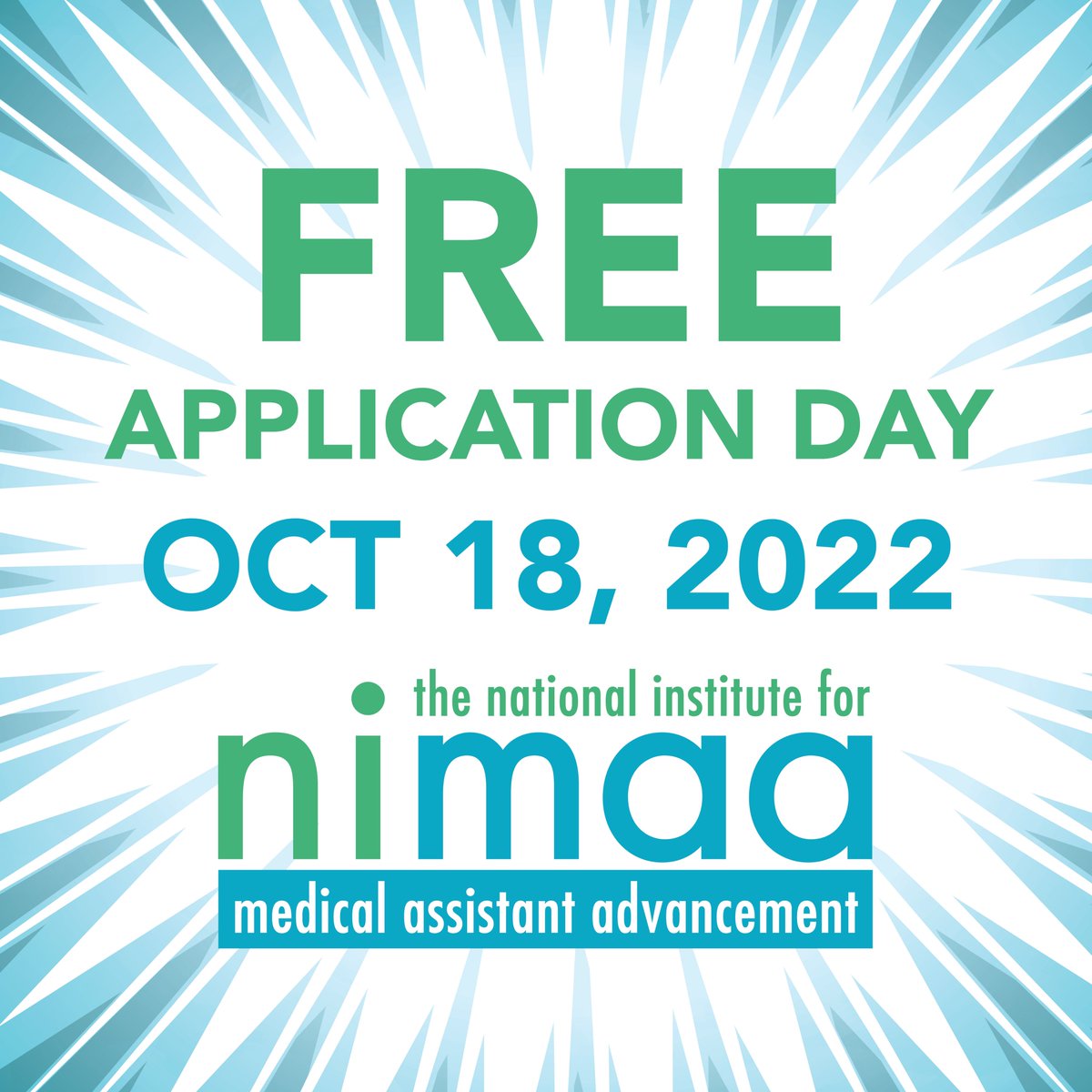 NIMAAedu's tweet photo. Here's 1 way to celebrate Medical Assistants Recognition Week: Spread the word about our 8-month online and in-clinic MA training program! Today is FREE APPLICATION DAY &amp; a great day to apply. Visit https://t.co/xMmPSsoRdO and use promo code FREEAPP1018!

#MARWeek https://t.co/riQsfBV5Ec