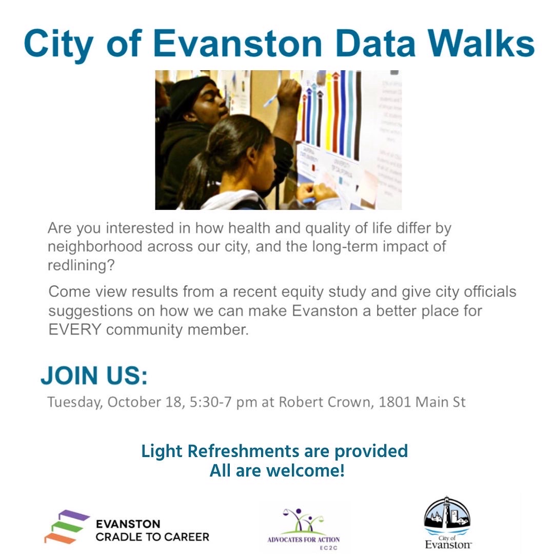 Today at Robert Crown, 1801 Main St Evanston IL, from 5:30Pm - 7PM we are having our final Data Walk to be announce.

Continue sharing information and holding great conversation with our community as we work towards changing Evanston for the better.