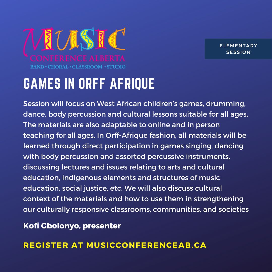 Dr. Kofi Gbolonyo is at #mca22 with TWO elementary sessions that you won't want to miss!​​​​​​​​​​​​​​​​​​"Play the Dance: Move the Rhythm" &amp; "Games in Orff Afrique" are both presented on Friday! 

Advanced registration is closed, but you can still join us at the door on Friday m