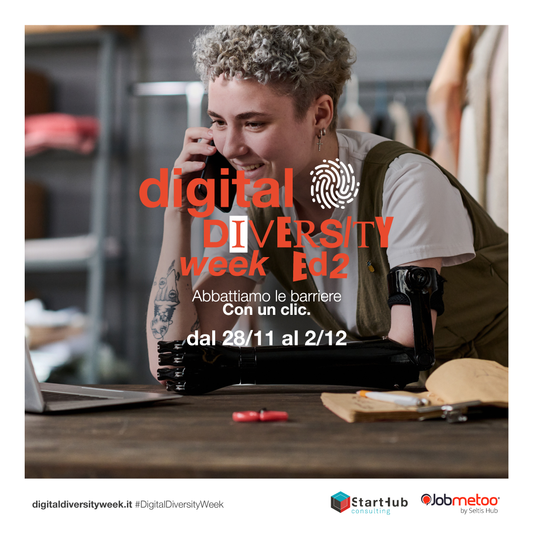 StartHubCons's tweet image. Torna la 2^ edizione di #digitaldiversityweek dal 28/11 al 02/12! Confermata la partnership con @jobmetoo @SeltisHub per facilitare l’incontro tra #aziende e persone con #disabilità e appartenenti alle #categorieprotette in cerca di #lavoro. 
Per info digitaldiversityweek.it