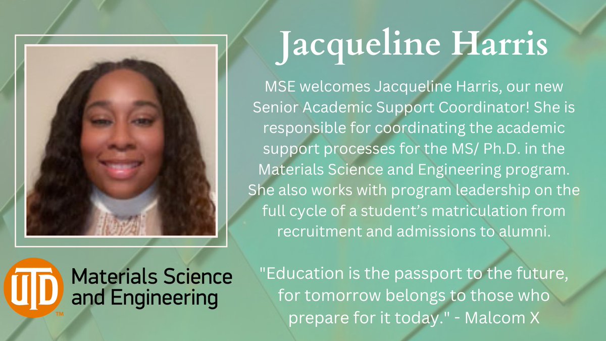 UTDMaterialsSci's tweet photo. Attention Comets! We here at #UTDMSE want to give a big, warm welcome to Dr. Jacqueline Harris. She is our new Senior Academic Support Coordinator. If you'd like to learn more, check the link below to her staff profile.
https://t.co/TESynWTAXf
#UTD #MSEMatters https://t.co/VErQhhnZET