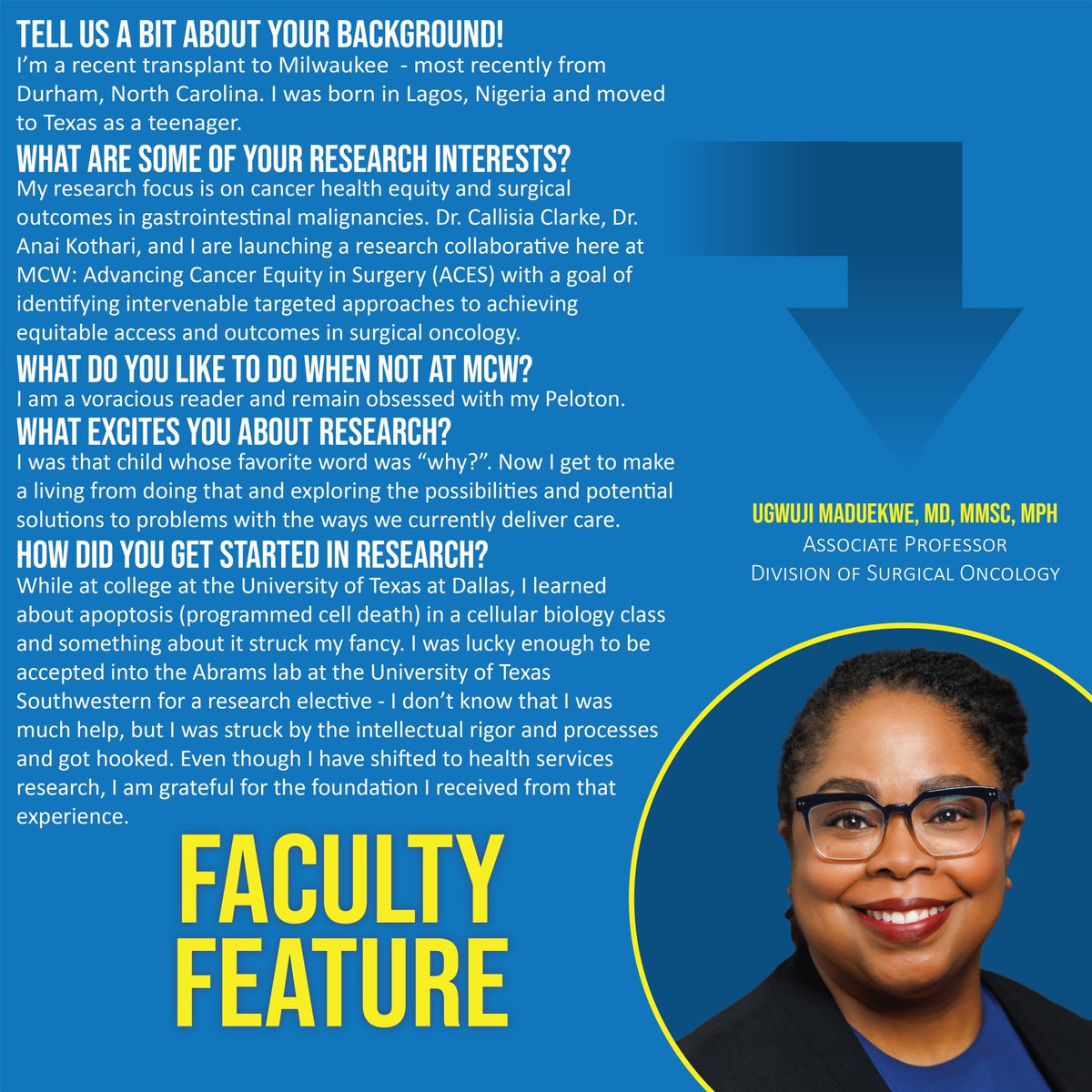 FACULTY FEATURE: this month, we're featuring Dr. Ugwuji Maduekwe, Associate Professor in the Division of <a href="/mcwsurgonc/">MCW SurgicalOncology</a>. Read more about her research background and interests! #LeadingTheWay