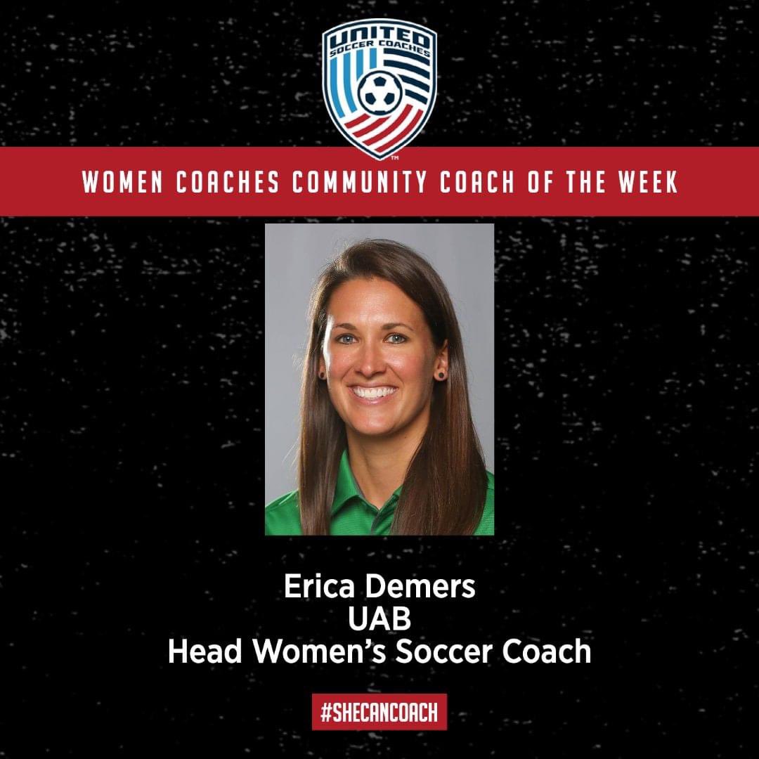 Women_Coaches's tweet photo. This week's #COTW is Erica Demers!

Over the weekend, Coach Demers earned her 50th career victory as the head coach at UAB while helping her team extended its unbeaten streak to a school record 10 matches!! #SheCanCoach https://t.co/oZV5BDu9SY