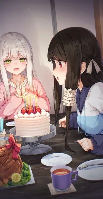 誕生日の夕食 #オリジナル #白髪 #黒髪 #看板娘 #うちのこ #誕生日 #ケーキ  
