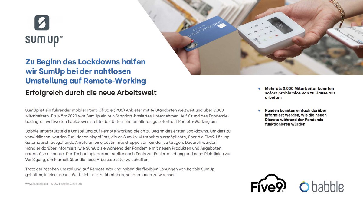 🇩🇪🇦🇹🇨🇭<a href="/SumUp/">SumUp</a> Kundenkontakt in der Pandemie - Remote-Working treibt Business Kontinuität und Kundenservice #PartnerPowered #CustomerSuccess via <a href="/Five9/">Five9</a> Gold Partner #Babble. 💪 😎🇨🇭🇦🇹🇩🇪

☁️#CX #CCaaS☁️