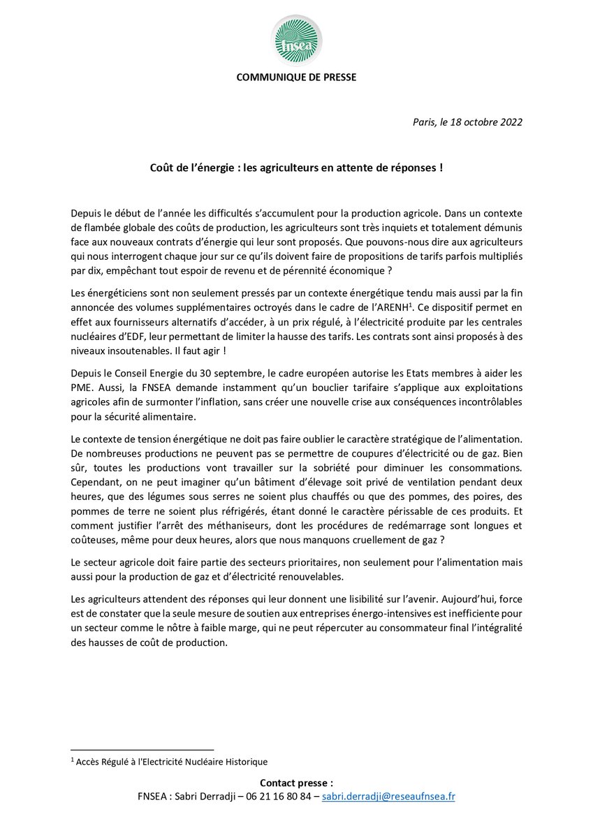 [#CP] Coût de l’énergie : les agriculteurs en attente de réponses !
Le contexte de tension énergétique ne doit pas faire oublier le caractère stratégique de l'#Alimentation . De nombreuses productions ne peuvent pas se permettre des coupures d'#electricite ou de #gaz.
Notre cp 👇