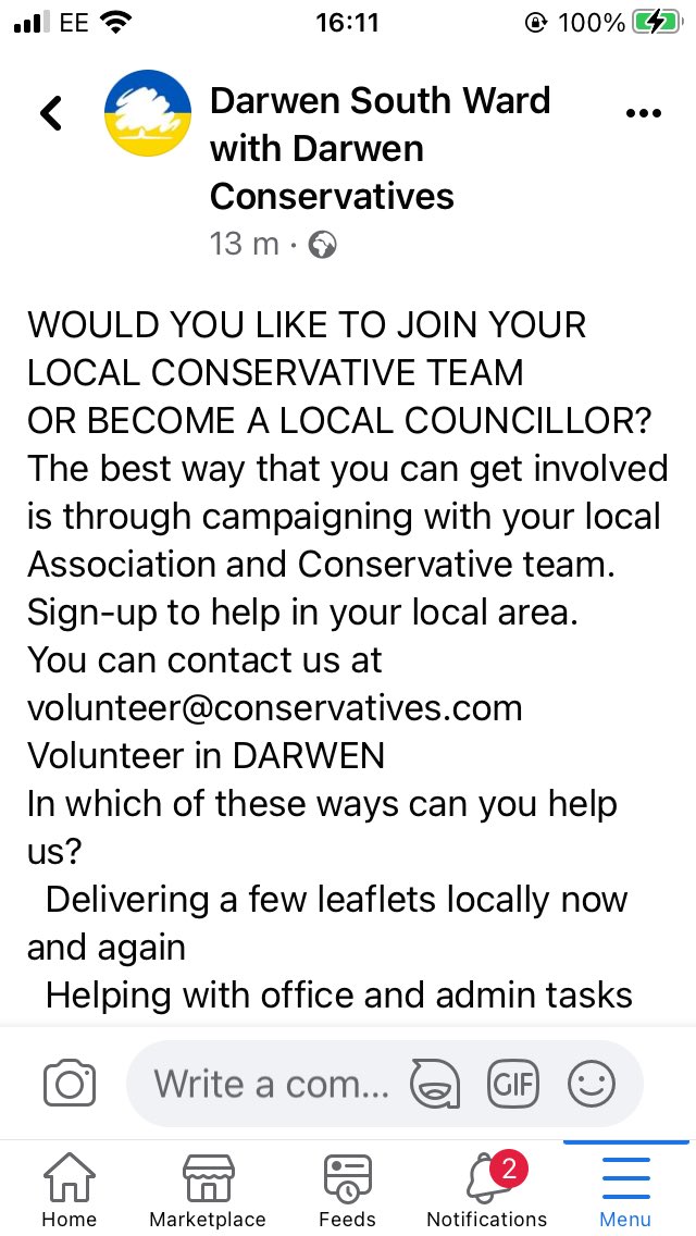 When that goes up on Facebook in <a href="/JakeBerry/">Sir Jake Berry</a> ‘s Constituency - you know things are bad. Who goes to Facebook looking for new Members - according to <a href="/JakeBerry/">Sir Jake Berry</a> they are very popular in Darwen so should have had lots to choose from 🤷🏻‍♀️