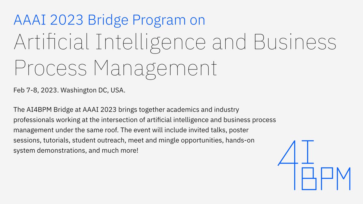 Tathagata (@tchakra2) on Twitter photo This year <a href="/RealAAAI/">AAAI</a> is going to have its first-ever bridge program! We are commuting across one of those bridges to <a href="/BPMConf/">BPM Conference</a> for all things AI and business process management. 🤓 #AAAI2023
Have a look 👉 ai4bpm.com
with <a href="/serialorganizer/">Yara Rizk</a> <a href="/ChiaraDiEffe/">ChiaraDF</a> <a href="/a_marrella/">Andrea Marrella</a> This year <a href="/RealAAAI/">AAAI</a> is going to have its first-ever bridge program! We are commuting across one of those bridges to <a href="/BPMConf/">BPM Conference</a> for all things AI and business process management. 🤓 #AAAI2023
Have a look 👉 ai4bpm.com
with <a href="/serialorganizer/">Yara Rizk</a> <a href="/ChiaraDiEffe/">ChiaraDF</a> <a href="/a_marrella/">Andrea Marrella</a>