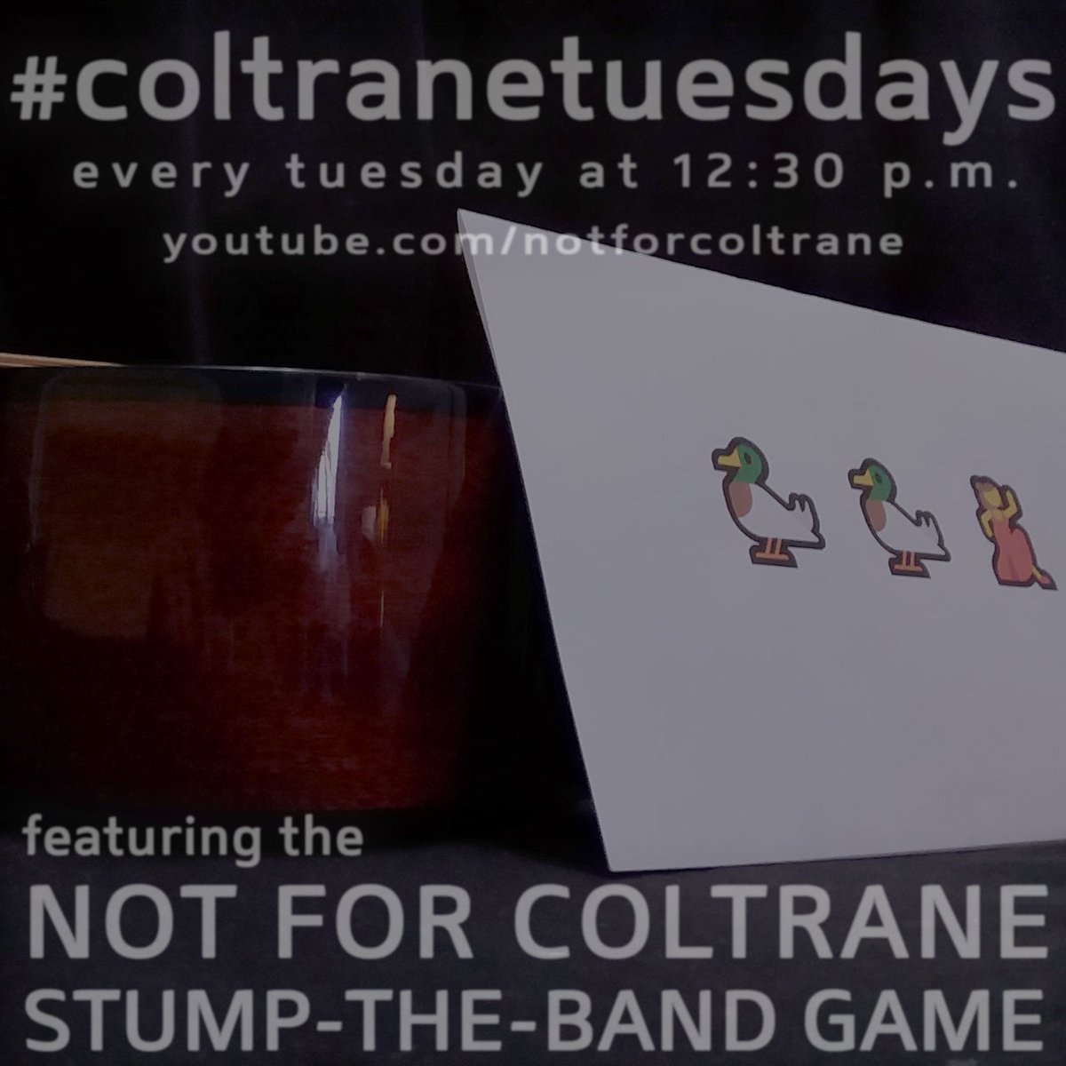 NotForColtrane's tweet image. For this week's edition of the #coltranetuesdays #DuckDuckBeth project, I'm dusting off a song I used to play all the time, a few decades ago. Starting shortly, TODAY (Tues) at 12:30(-ish) p.m. at youtube.com/watch?v=f1id_5…

#nfcstumptheband #music #webcast