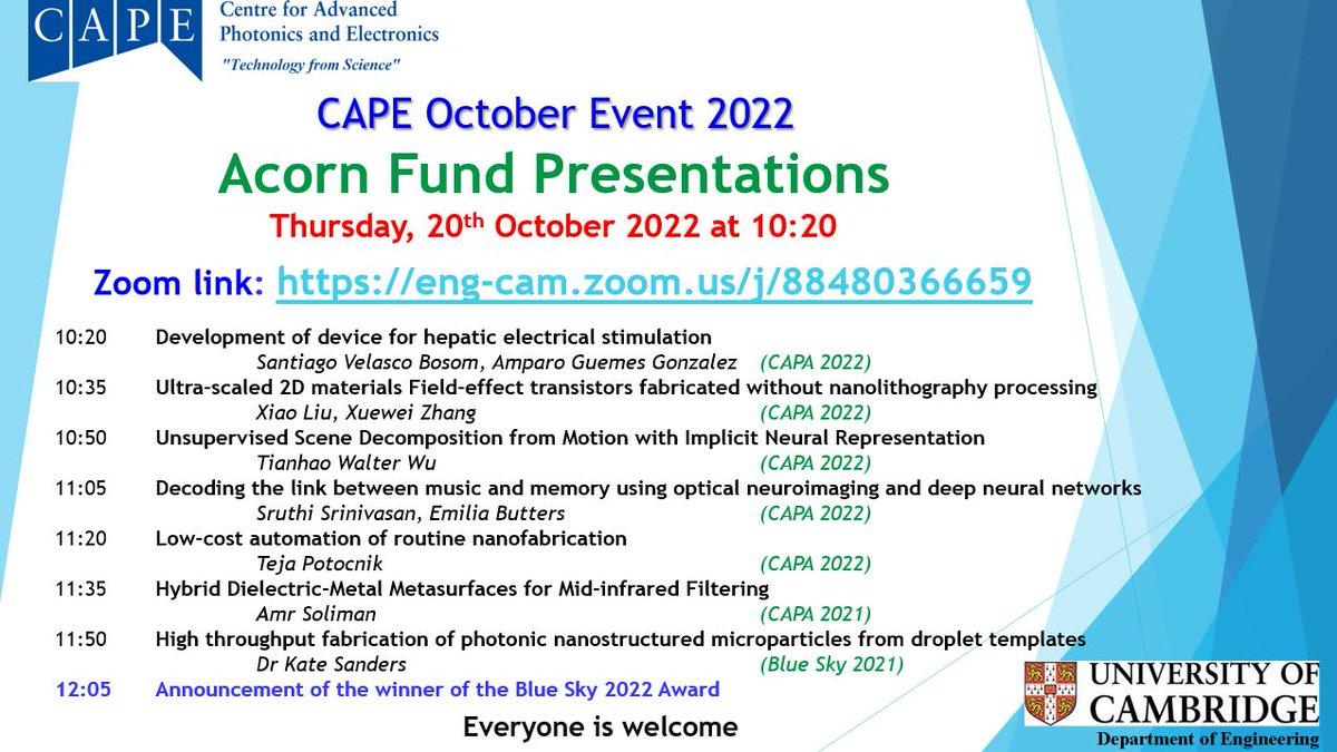 CAPE October Event: 20 Oct at 10:20 on Zoom: eng-cam.zoom.us/j/88480366659 Recent Acorn Fund winners - Cambridge Postdoc and PhDs will present their research. Everyone is welcome. <a href="/Cambridge_Uni/">Cambridge University</a> <a href="/UniofOxford/">University of Oxford</a> <a href="/imperialcollege/">Imperial College London</a> <a href="/newscientist/">New Scientist</a> <a href="/BBCSciTechaw/">BBC SciTech</a> <a href="/SouthamptonUni/">You mistyped @unisouthampton</a> <a href="/ManchesterUniv/">Manchester University</a>