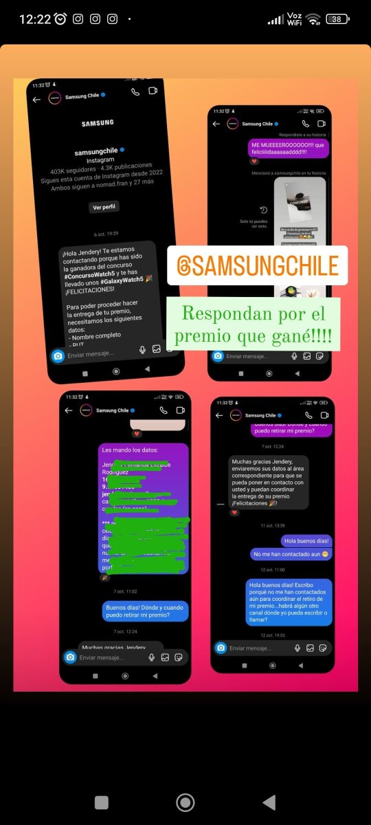 jenderyfernanda's tweet photo. @SamsungChile gané un premio por Instagram el 6 de octubre y no me han contactado! Y lo peor es que no responden por ningún canal de comunicación 😡!!! RESPONDAN, quiero el Galaxy watch 5 que me gané!!!! https://t.co/eZNJNdx1VM