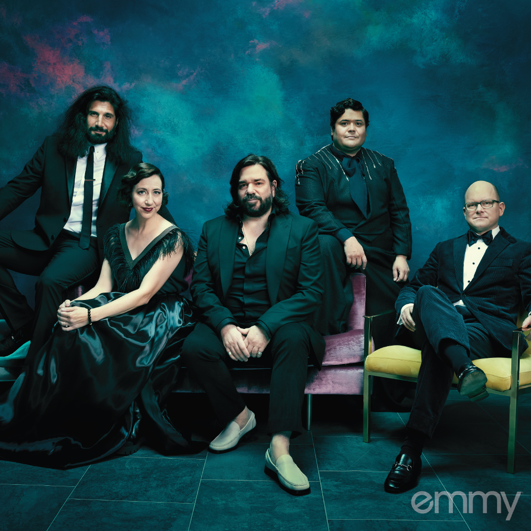 Not pictured: Nadja yelling at the photographer to crop Colin Robinson out of this photo… 🧛‍♀️🧛‍♂️ #emmyMagazine 📸: Robert Ascroft