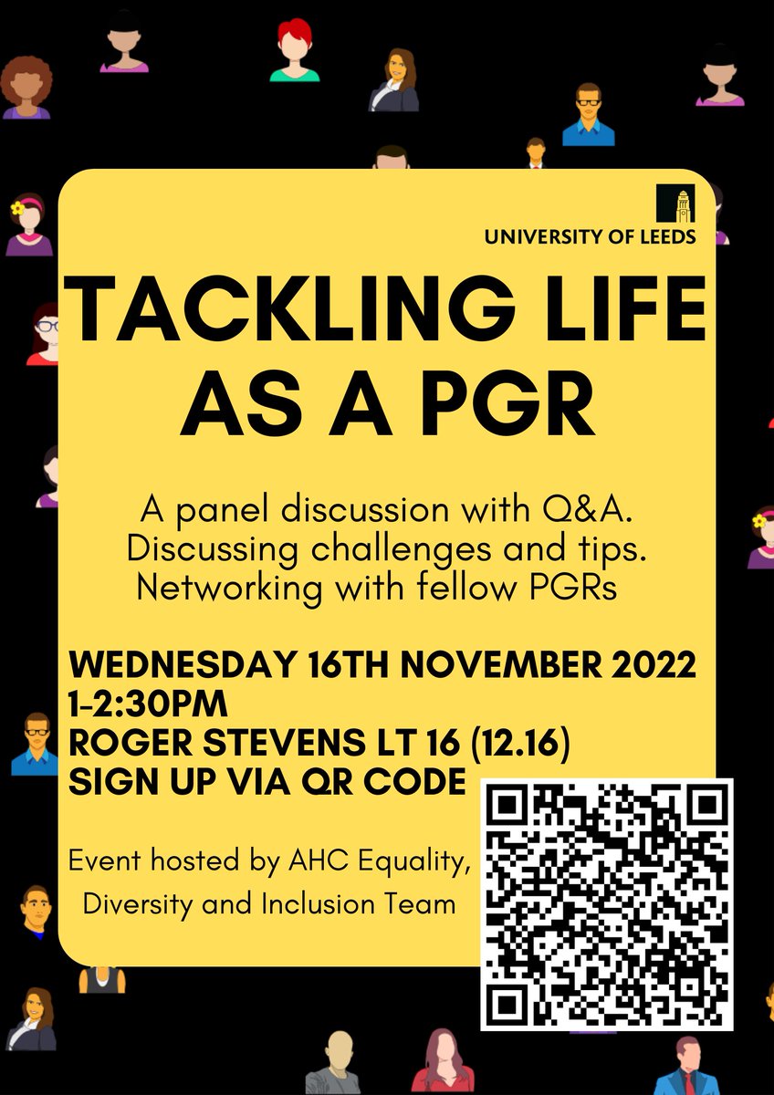 Roll up roll up PGRs! @LeedsPGR_AHC I'm hosting an event focusing on 'Tackling Life as a PGR' we will be hearing from a diverse panel of PGRs about the challenges they face and tips. Both PGRs and Staff are welcome to attend the event. Please sign up here: forms.office.com/r/WxvPJH9Juw