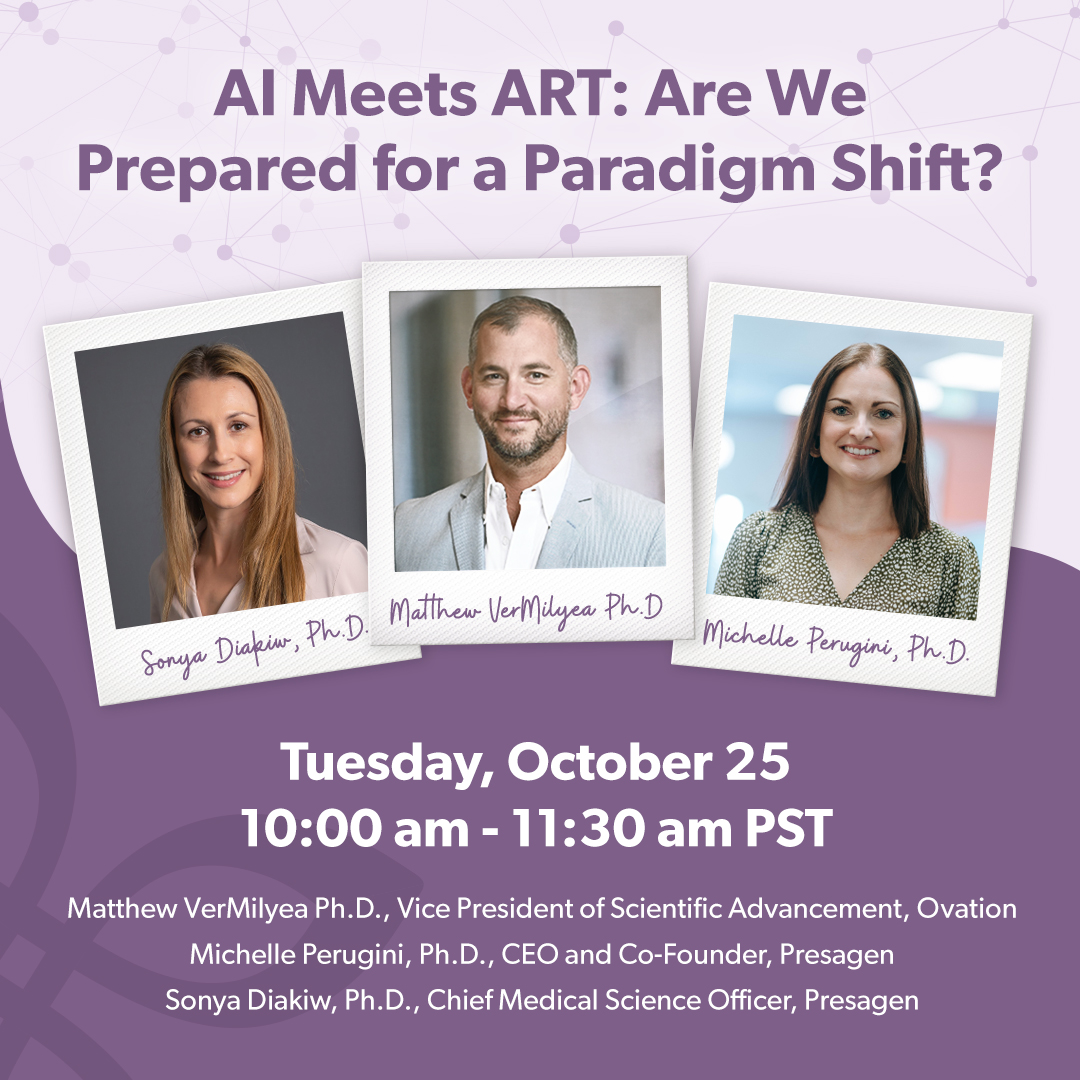 OvationFert's tweet image. Dr. Tex VerMilyea, our vice president of scientific advancement, will be joined by Michelle Perugini, Ph.D. and Sonya Diakiw, Ph.D. from @Presagen_ to dive into this timely topic. Find us on Tuesday at 10 a.m. in our booth in the expo hall, #1841! #ASRM2022 #TexTalks
2/2