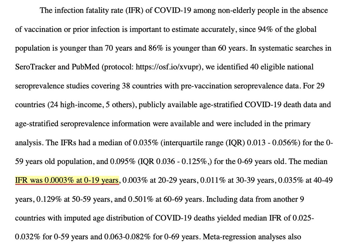 Ioannides failed to do a basic check of plausibility in his recent study of seroepidemiology and IFR for COVID. He estimates IFR for 0-18 yo's at .0003%. If true, the 1661 COVID deaths for 0-18 in the US would require 554 million infections (1661/.00003). covid.dropcite.com/articles/7b8ba…