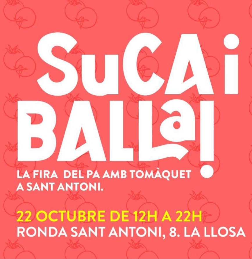 Arriba al barri de #SantAntoni la primera fira del pa amb tomàquet🥖🍅, acompanyada de comerç de proximitat, música i molta cultura popular👏👏

#SucaiBalla
🗓 Dissabte, 22/10
📍Ronda de Sant Antoni, 8
Organitza:<a href="/SomSantAntoni/">Som Sant Antoni unió de comerciants</a>

Detalls 🍽 via.bcn/zeAo50Lemyq