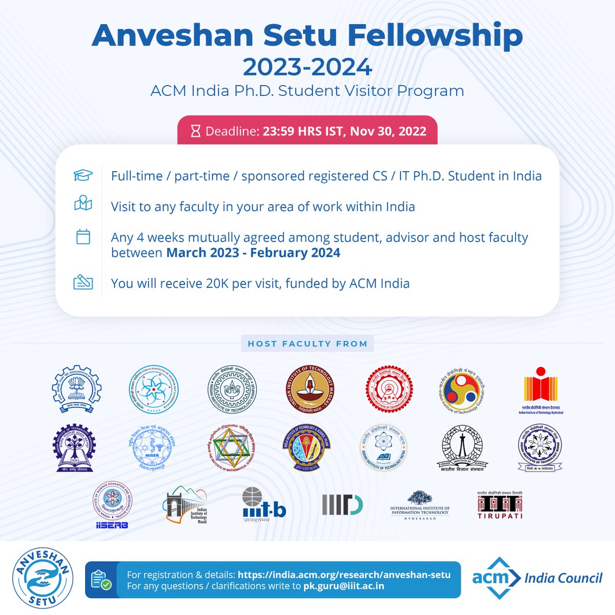 CS/IT PhD Student in India? 👌🏾 opportunity to visit faculty of your choice for 4 weeks to get an immersive research experience. <a href="/Indiaacm/">ACM India</a> will fund the visit. 👌🏾 host faculty/institutes. More details india.acm.org/research/anves… #AnveshanSetu #ProfGiri #CouncilGiri /c <a href="/TheOfficialACM/">Association for Computing Machinery</a>