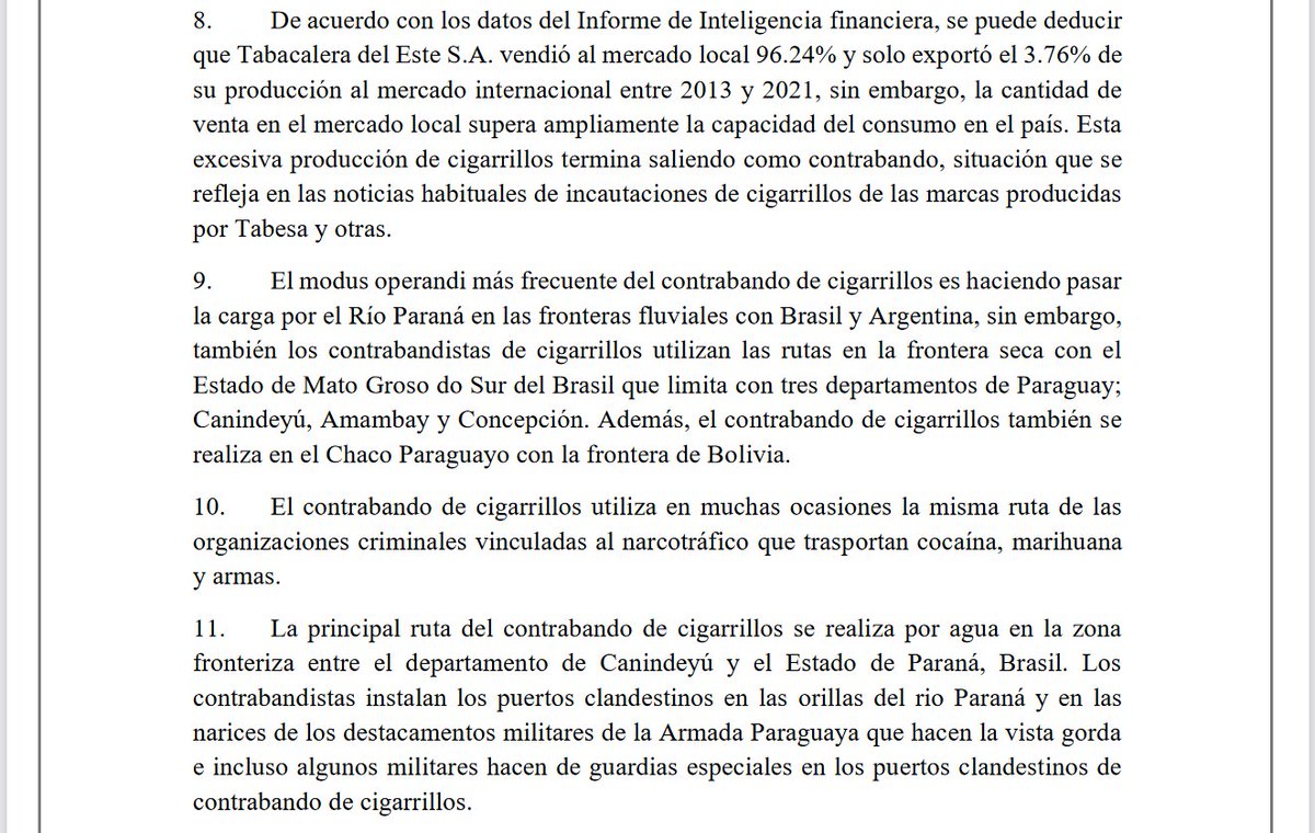 La Comisión Bicameral de Investigación (CBI) del Congreso paraguayo presentó su informe sobre lavado de dinero. Entre sus hallazgos, identifica la ruta del contrabando de cigarrillos como espacio compartido con el narcotráfico. 

Que un informe oficial diga esto es relevante👇
