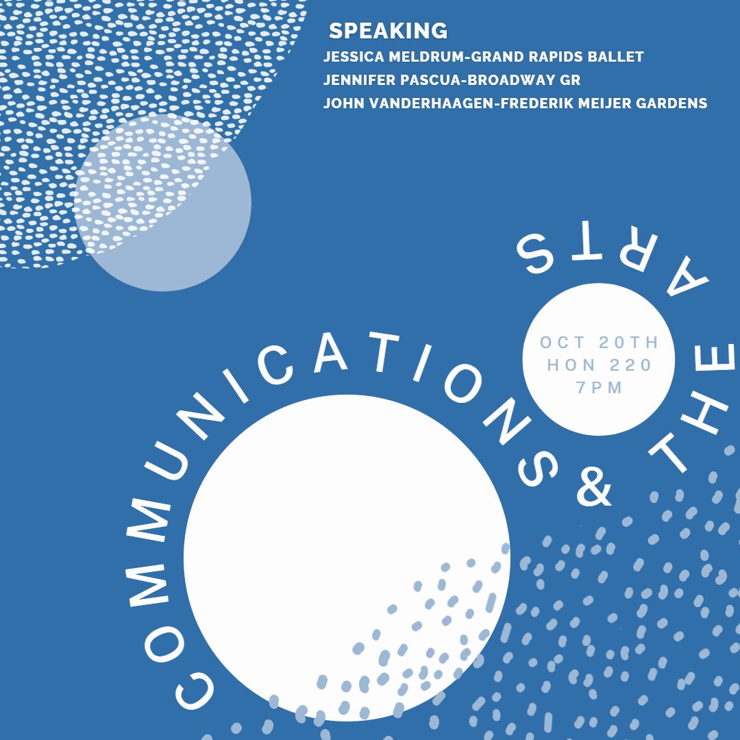 Join us for our meeting, this Thursday, Oct 18 at 7pm in HON 220. We will have speakers from Grand Rapids Ballet, @broadwaygr,  and Frederik Meijer Gardens to discuss communications and the arts.🎨 We hope to see you there!

 #prssa #GVPRSSA #publicrelations #communications #arts