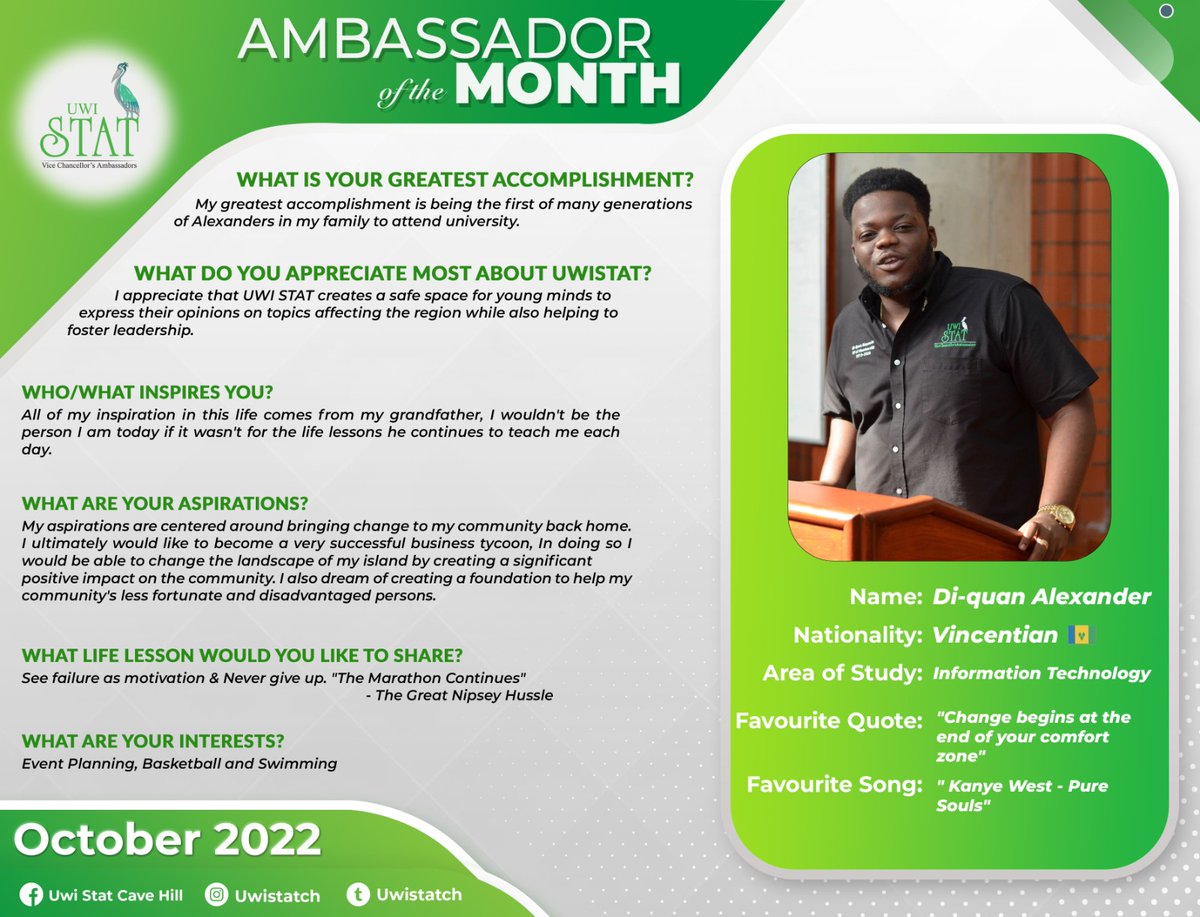 Uwistatch's tweet photo. This month we recognize Mr.Diquan Alexander as our Ambassador of the Month. 🇻🇨🗣️

Diquan has been an Ambassador for a few years but also has served on many Executives including UWISTAT. https://t.co/ztJhSX6kbo