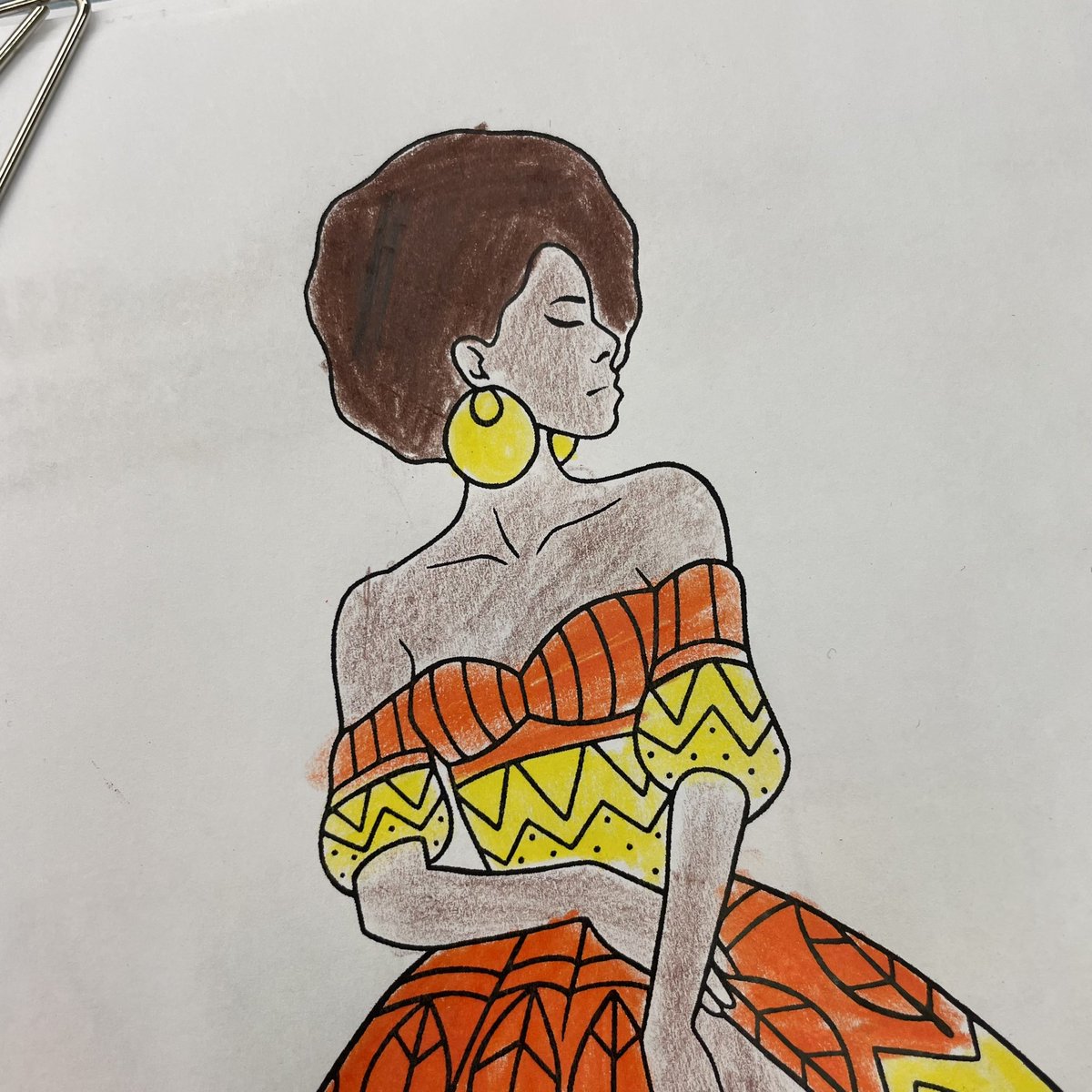 MsHBamford's tweet photo. Despite what the “anti-woke” trustee candidates say, #representationmatters
A Black student decided this woman had an Afro just like her and then coloured the outfit like the African Print fabric of one of her grandmother’s outfits.
#equityisnotoptional https://t.co/6xShm9340P