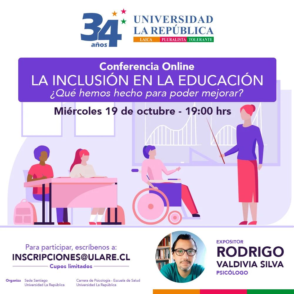 ULARERancagua's tweet photo. El Psicólogo Rodrigo Valdivia estará dando una conferencia online sobre "La Inclusión en la Educación" 🤲
Para inscribirte recuerda enviar un correo a: inscripciones@ulare.cl ⬅️
#ularepublica
#psicologia https://t.co/HO8Sp3WzAb